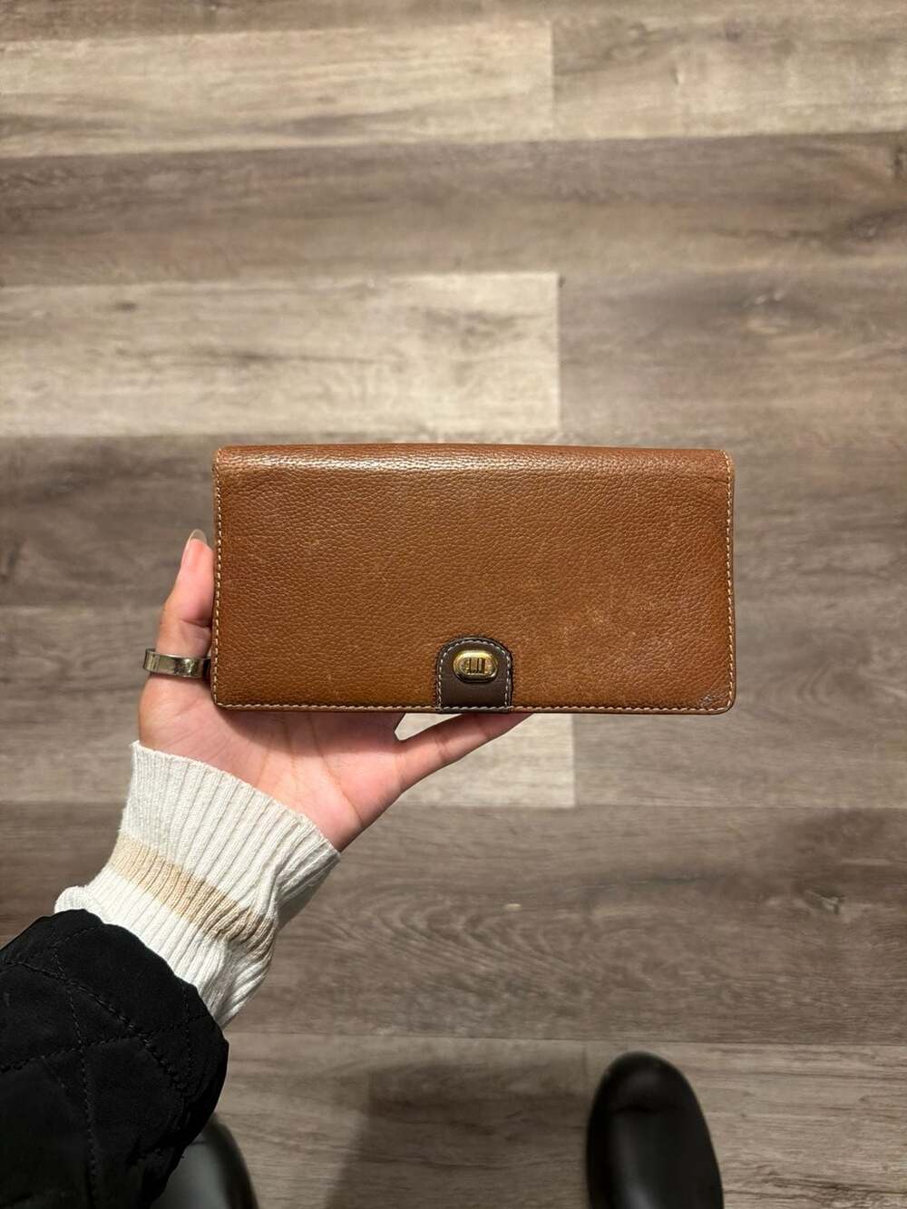 Vintage Dunhill Brown Pebbled Leather Long Bifold Wallet with Gold Logo